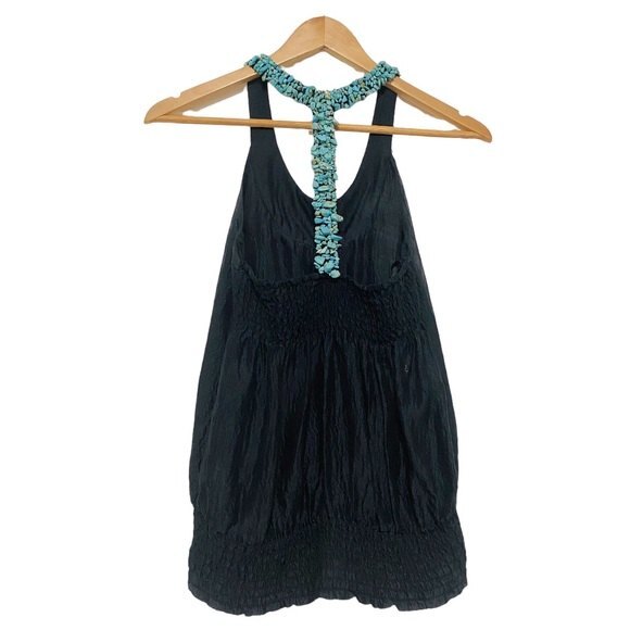 Bebe Turquoise Embellished Black Silk Razorback Tank XXS - Picture 5 of 7